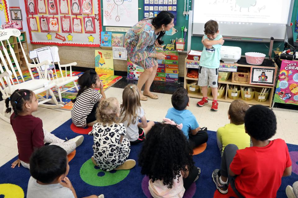 Pre-kindergartener Lucas Nunez uses body language to show what the feeling mad looks like during a social emotional learning lesson in Afsaneh Parandian's class at School 30 in Yonkers June 7, 2023.  