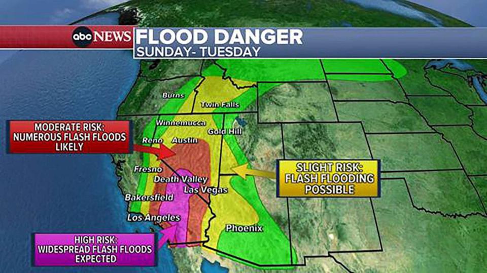 PHOTO: Heavy rainfall in association with Hilary is expected across the Southwestern United States, most intense from today into Monday morning. (ABC News)