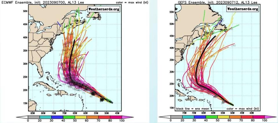 The latest runs of the European and GFS forecast models suggest that Hurricane Lee could turn north before approaching the U.S. East Coast next week.