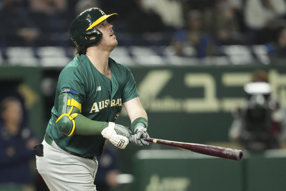 Rixon Wingrove of Australia hits a two run home run during the World Baseball Classic quarterfinal game between Cuba and Australia at the Tokyo Dome Tokyo, Wednesday, March 15, 2023. (AP Photo/Toru Hanai)