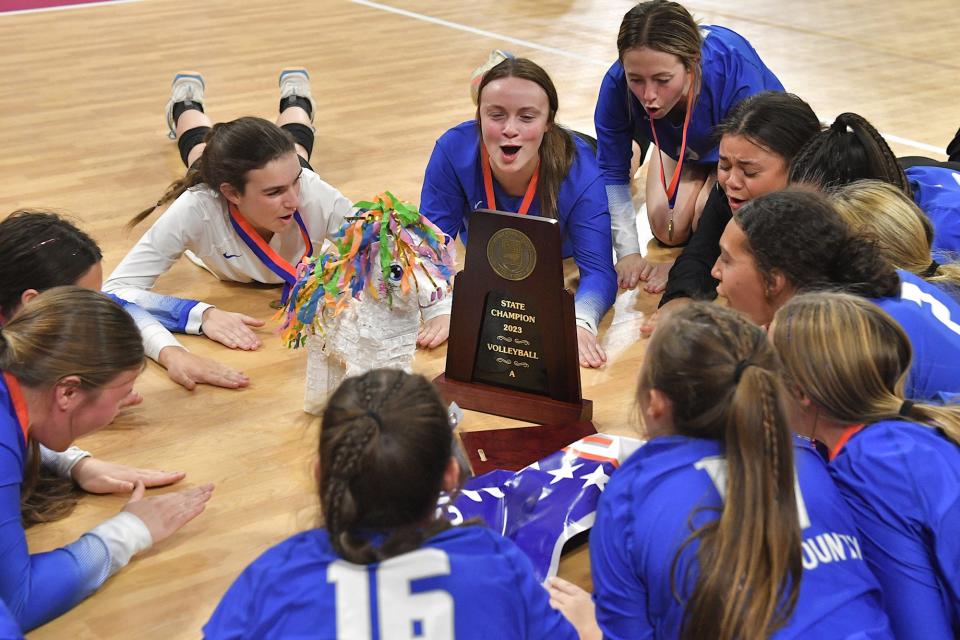 Polk County's Ada Kelley (15) and her teammates celebrate after their defeat of Falls Lake in the NCHSAA 1A Volleyball Championship.The Polk County Wolverines and the Falls Lake Firebirds met in the NCHSAA 1A Volleyball Championships in Raleigh., N.C. on November 4, 2023.