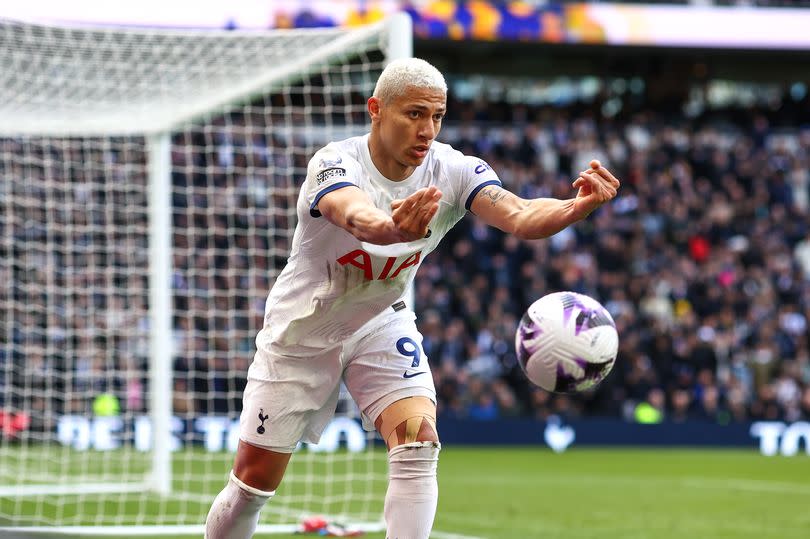 Richarlison of Tottenham Hotspur during the Premier League match between Tottenham Hotspur and Arsenal FC at Tottenham Hotspur Stadium on April 28, 2024 in London, England.