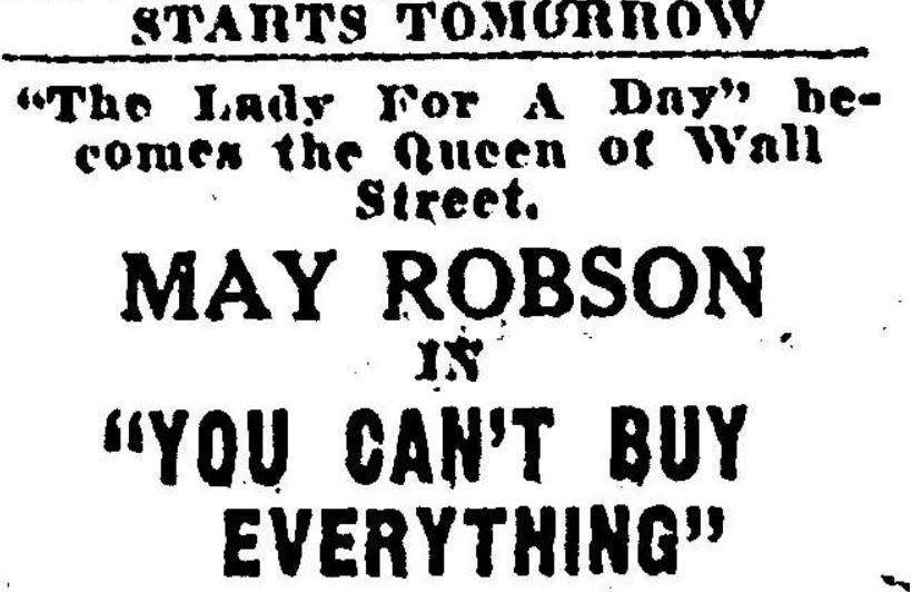 An ad for the 1934 film "You Can't Buy Everything" in the Quincy Patriot Ledger.