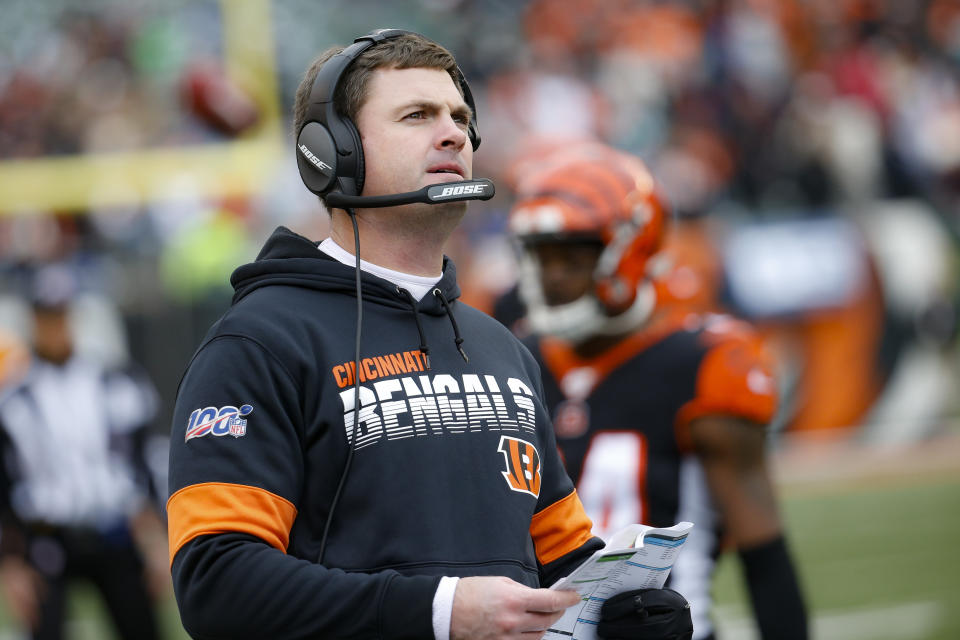 Cincinnati Bengals head coach Zac Taylor works on the sidelines during the second half of an NFL football game against the New York Jets, Sunday, Dec. 1, 2019, in Cincinnati. (AP Photo/Frank Victores)