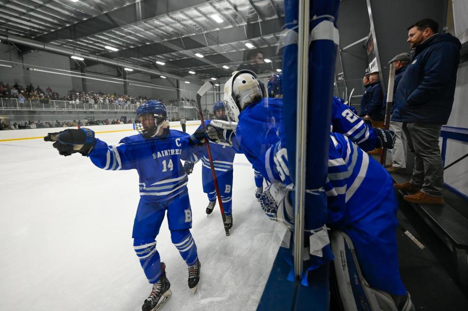 Owen Flynn of Braintree celebrates a goal as he slaps hands with teammates on the bench during the Division 1 state tournament Round of 8 hockey game versus St. John's Prep at the Essex Sports Center in Middleton on Thursday, March 10, 2022.