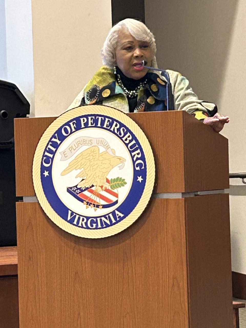 State Sen. Louise Lucas, D-Portsmouth, speaks Thursday, Sept. 28, 2023, at the Petersburg Democratic Committee banquet inside the auditorium of the Petersburg Public Library.