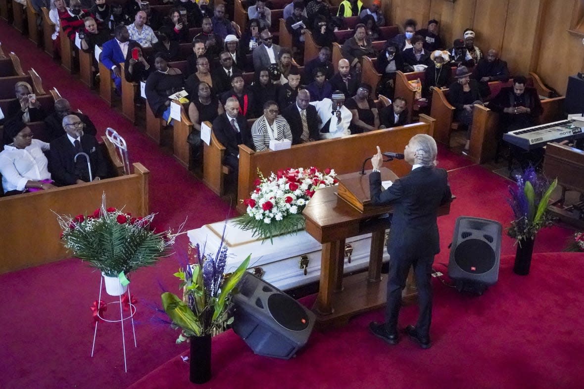 Rev. Al Sharpton eulogizes Jordan Neely, whose chokehold death on a New York City subway set off a debate about vigilantism, homelessness and public safety, during a funeral service at Harlem’s Mount Neboh Baptist Church, Friday May 19, 2023, in New York. (AP Photo/Bebeto Matthews)