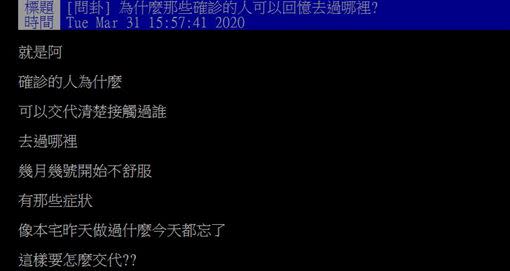 網友問，為什麼確診者可以記得去過哪裡？（圖／翻攝自PTT）