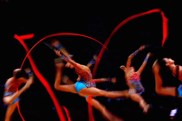 LONDON, ENGLAND - AUGUST 12: Bulgaria perform during the Group All-Around Rhythmic Gymnastics Final Rotation 2 on Day 16 of the London 2012 Olympic Games at Wembley Arena on August 12, 2012 in London, England. (Photo by Quinn Rooney/Getty Images)