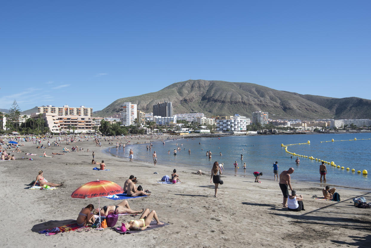 General view of Playa de los Cristianos in Tenerife, Spain.