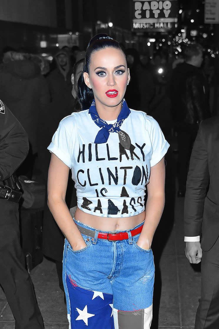 Like Katy Perry, you can show your support for Hillary Clinton with one of these cool T-shirts. (Photo: Getty Images)