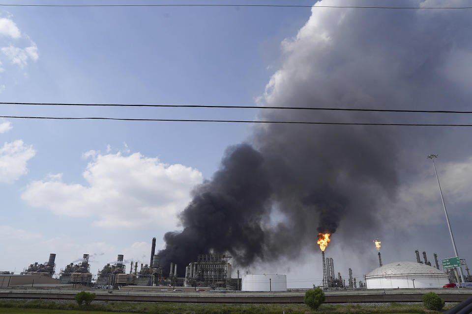 A fire burns at a Shell chemical facility in Deer Park, Friday, May 5, 2023, east of Houston. A chemical plant in the Houston area has caught fire, sending a huge plume of smoke into the sky. The Harris County Sheriff’s Office said Friday the fire was at a Shell USA Inc. facility in Deer Park, a suburb east of Houston. (Elizabeth Conley/Houston Chronicle via AP)