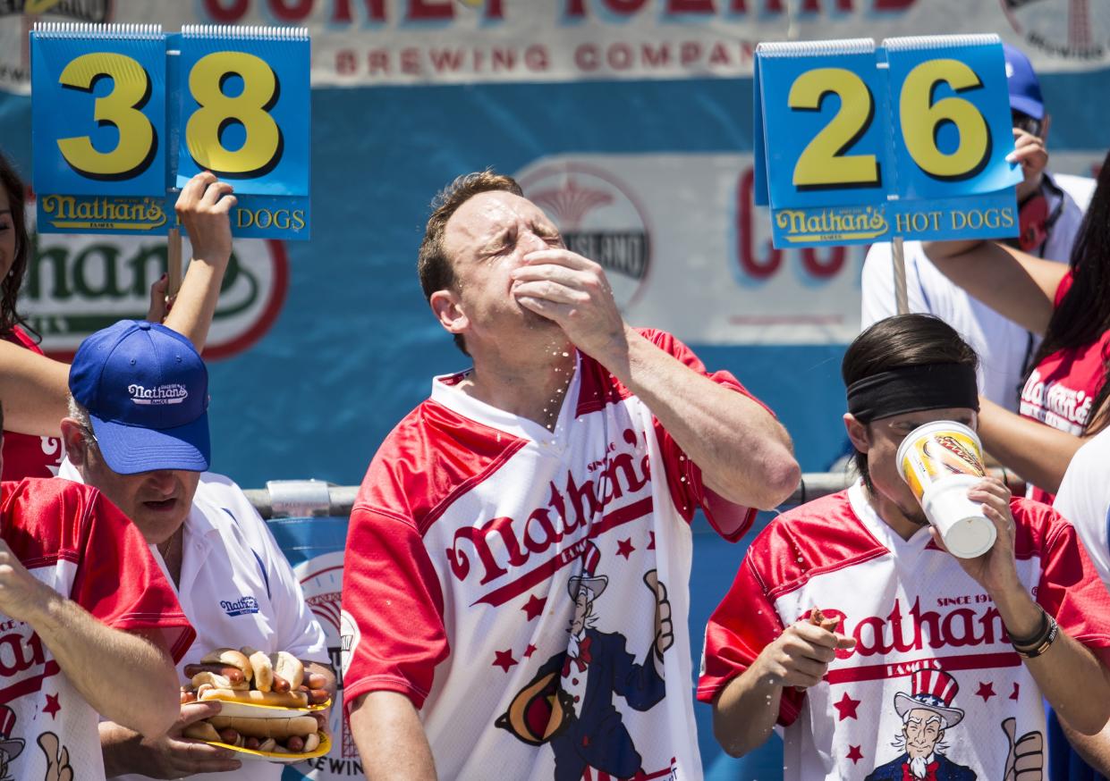 NEW YORK, NY – JULY 04: Joey Chestnut won his third straight Nathan’s Famous Hot Dog Eating Contest, but it wasn’t without drama. (Photo by Alex Wroblewski/Getty Images)