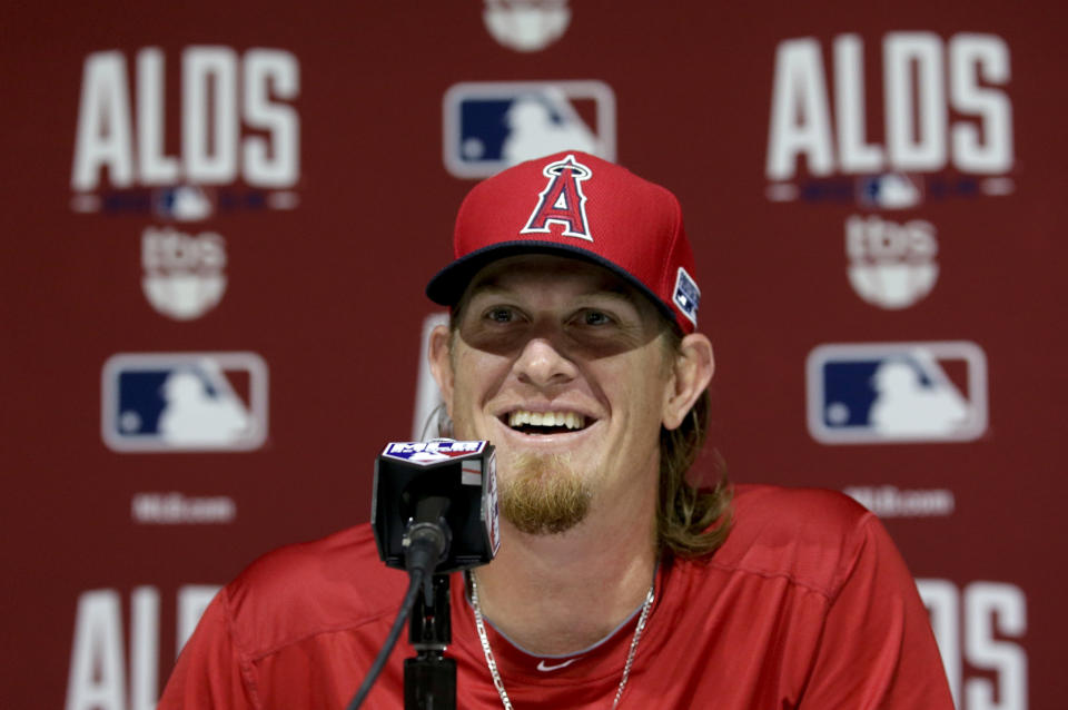 FILE - Los Angeles Angels starting pitcher Jered Weaver speaks during a news conference in Anaheim, Calif., Wednesday, Oct. 1, 2014. Carlos Beltrán, John Lackey and Jered Weaver are among 14 newcomers on the Baseball Writers’ Association of America’s Hall of Fame ballot, Monday, Nov. 21, 2022. (AP Photo/Chris Carlson, File)