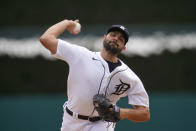 Detroit Tigers pitcher Michael Fulmer throws against the Pittsburgh Pirates in the first inning during the first game of a doubleheader baseball game in Detroit, Wednesday, April 21, 2021. (AP Photo/Paul Sancya)