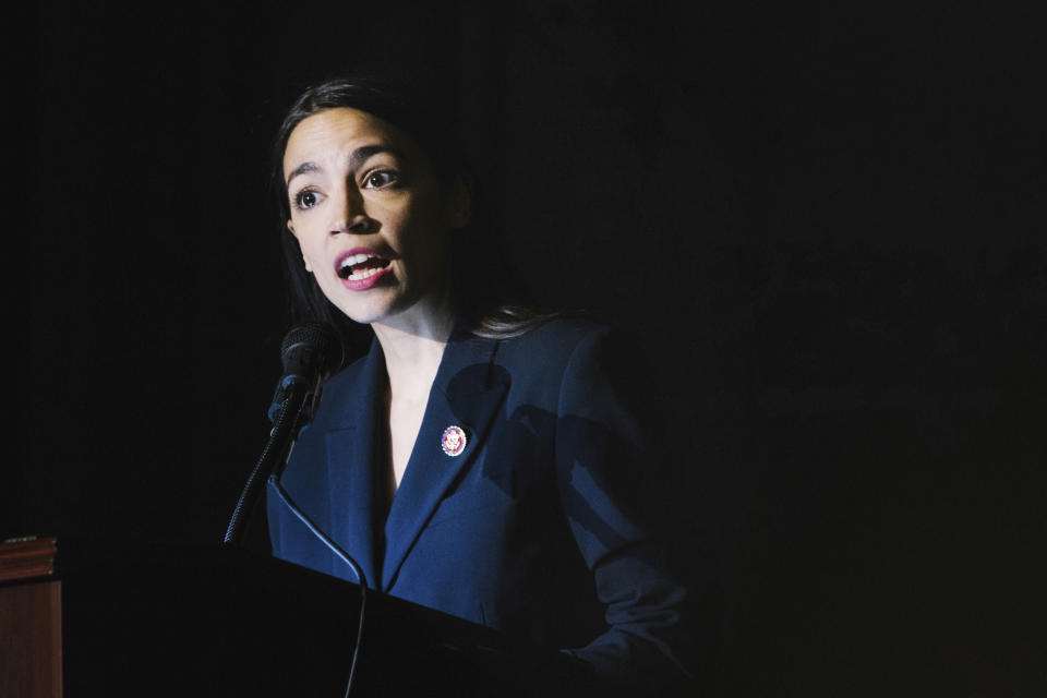 Congresswoman Alexandria Ocasio-Cortez delivers her inaugural address after she was sworn in as a member of Congress Saturday, Feb. 16, 2019, in New York. (AP Photo/Kevin Hagen).