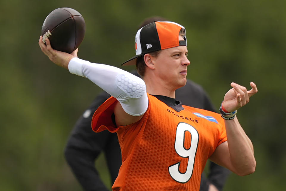 Cincinnati Bengals quarterback Joe Burrow throws during the NFL football team's practice on Tuesday, May 7, 2024, in Cincinnati. (AP Photo/Carolyn Kaster)