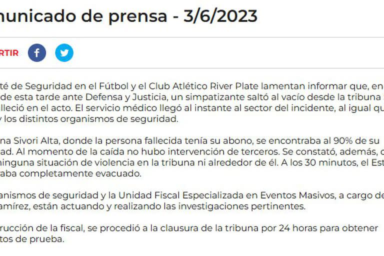 El comunicado de River tras el fallecimiento de un hincha y la suspensión contra Defensa y Justicia