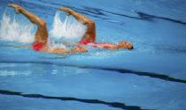 Christina Jones and Bill May of the U.S. perform in the synchronised swimming mixed duet technical final at the Aquatics World Championships in Kazan, Russia, July 26, 2015. REUTERS/Michael Dalder