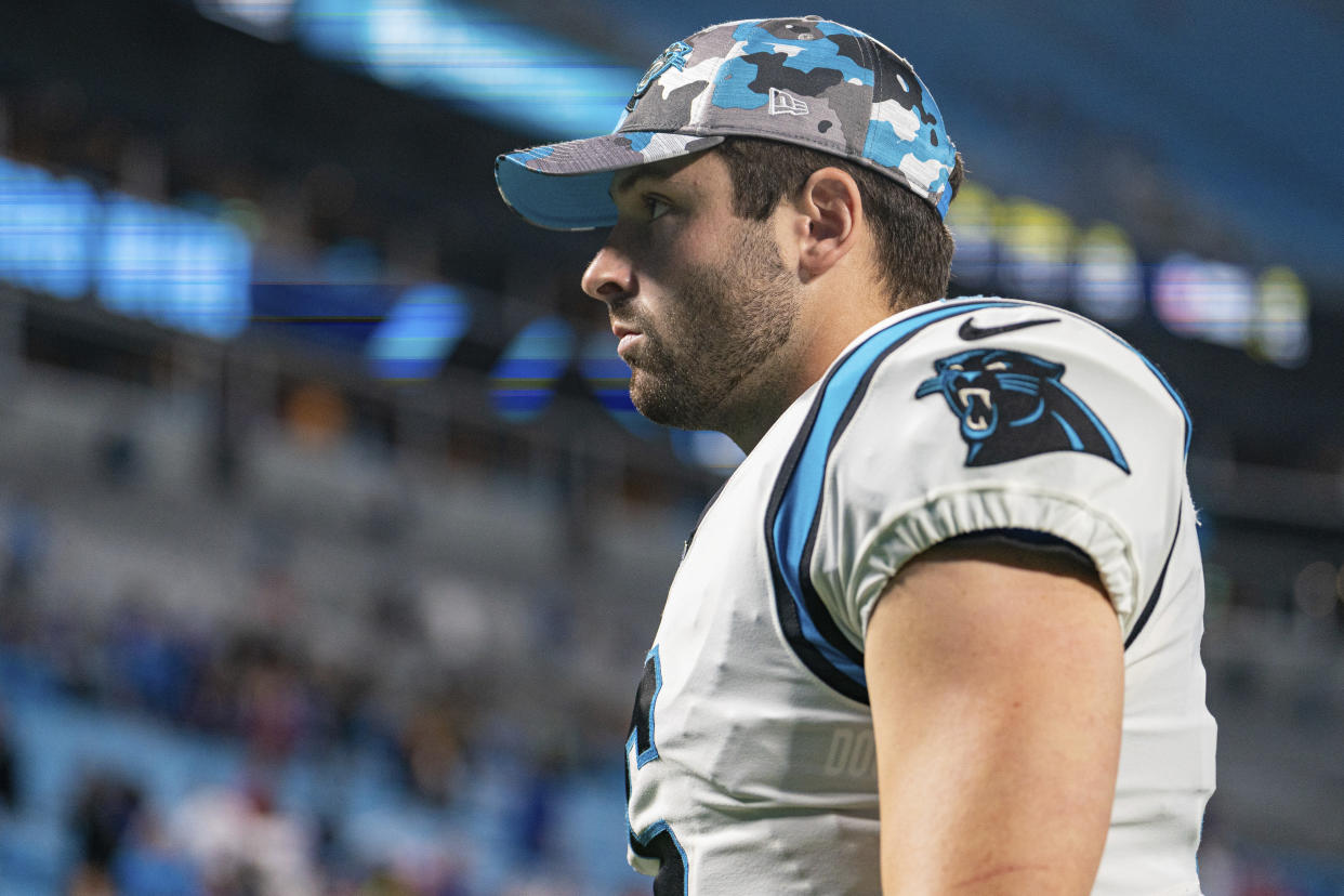 Carolina Panthers quarterback Baker Mayfield (6) walks off the field after an NFL preseason football game against the Buffalo Bills on Friday, Aug. 26, 2022, in Charlotte, N.C. (AP Photo/Jacob Kupferman)