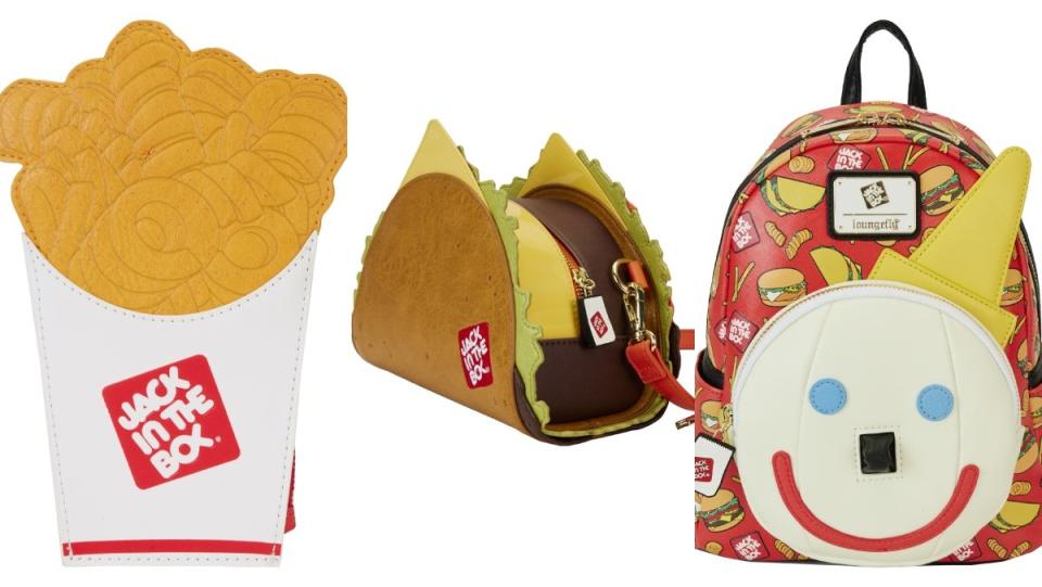 split image of loungefly jack in the box taco crossbody bag, jack mascot mini backpack, and curly fries wallet