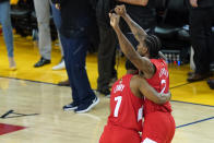 Kyle Lowry #7 and Kawhi Leonard #2 of the Toronto Raptors celebrates his teams win over the Golden State Warriors in Game 6 to win the 2019 NBA Finals at ORACLE Arena on June 13, 2019 in Oakland, California. (Photo by Thearon W. Henderson/Getty Images)