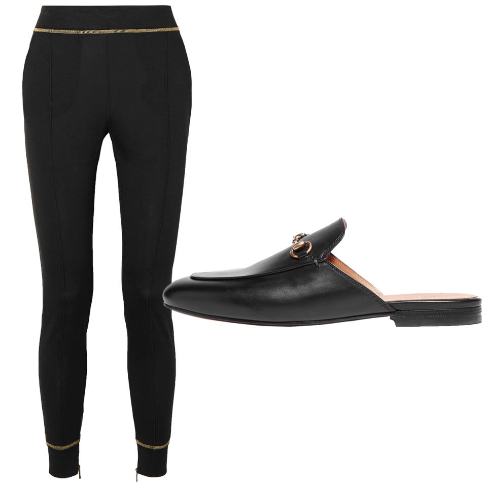 <p>This outfit combo is perfect for the on-the-go girl who still wants to be fashion forward. </p> <p><strong>Shop the Look:</strong> Tomas Maier Pants, $350; <a rel="nofollow noopener" href="https://www.net-a-porter.com/us/en/product/985900/tomas_maier/campus-jersey-track-pants" target="_blank" data-ylk="slk:net-a-porter.com;elm:context_link;itc:0;sec:content-canvas" class="link ">net-a-porter.com</a>. Gucci Slippers, $680; <a rel="nofollow noopener" href="https://www.net-a-porter.com/us/en/product/868919" target="_blank" data-ylk="slk:net-a-porter.com;elm:context_link;itc:0;sec:content-canvas" class="link ">net-a-porter.com</a>.</p>