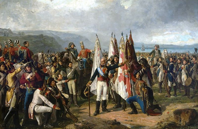 Cuadro que representa el juramento hecho por los militares españoles antes de partir hacia Dinamarca en 1807 (imagen vía Wikimedia commons)