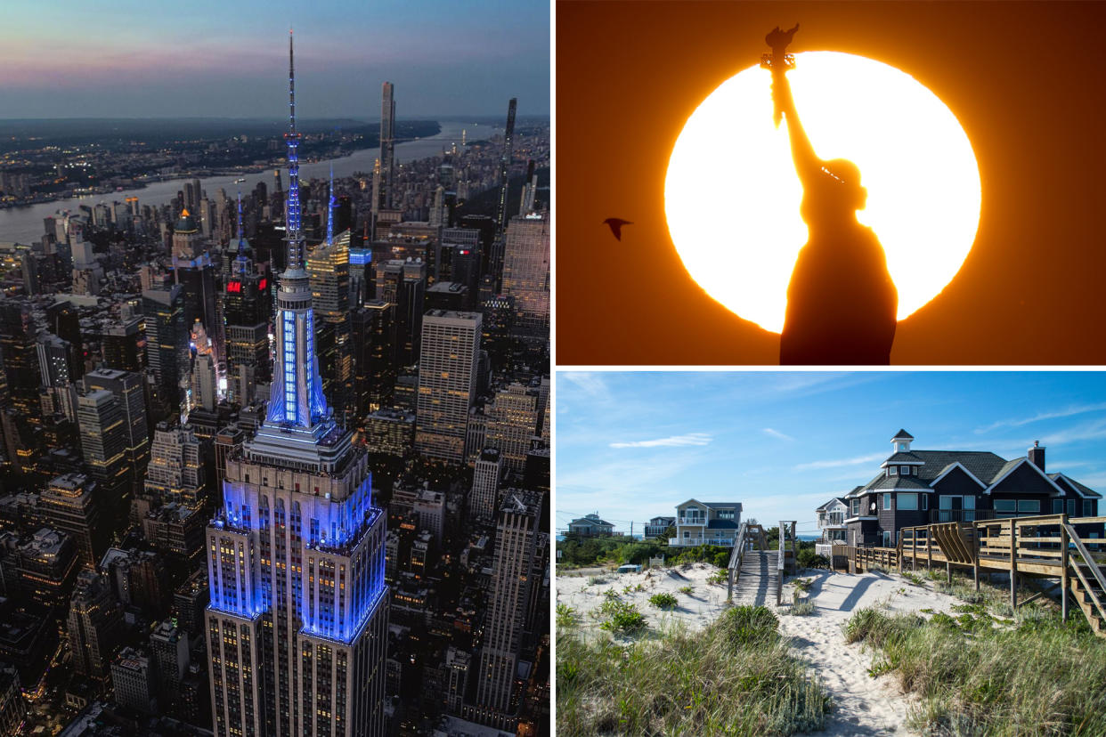 Statue of Liberty, Empire State Building and a beach in the Hamptons