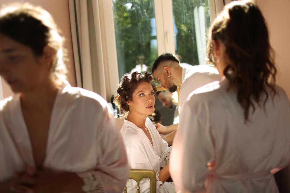 A bride getting ready before her wedding ceremony