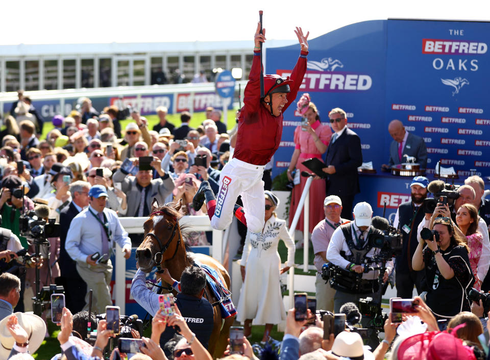 Frankie Dettori on Soul Sister celebrates after winning the Betfred Oaks at Epsom (Reuters via Beat Media Group subscription)