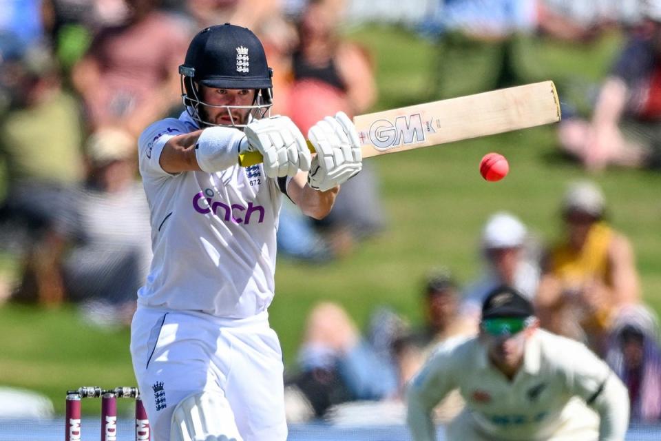England’s Ben Duckett bats against New Zealand on the first day of their cricket test match in Tauranga, New Zealand, Thursday, Feb. 16, 2023. (Andrew Cornaga/Photosport via AP) (AP)