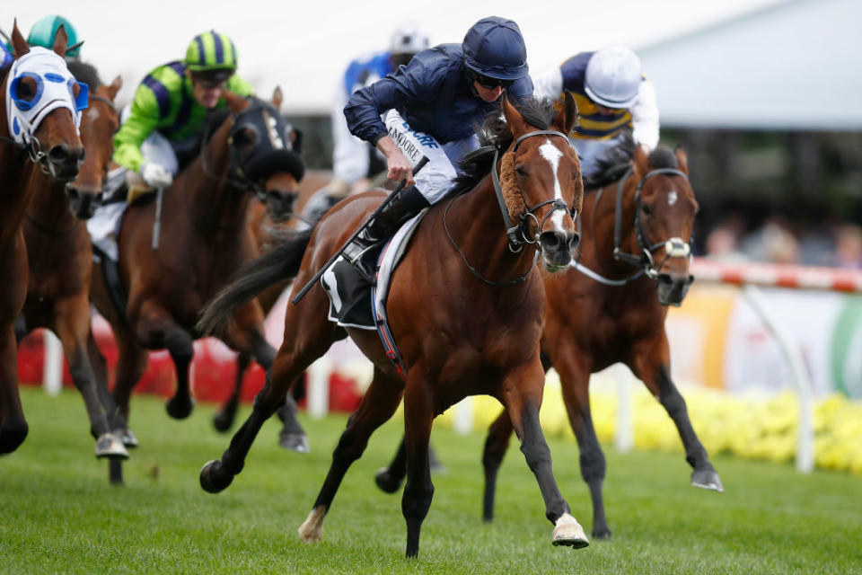 Hunting Horn, ridden by Ryan Moore, is picture heading to the winning post in the Moonee Valley Cup in October. 