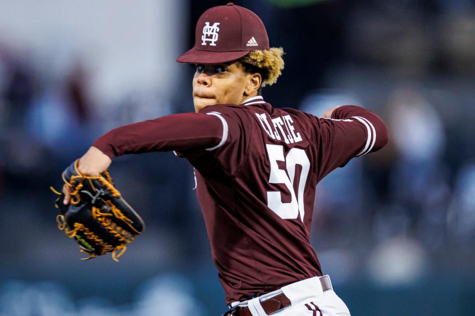 Mississippi State pitcher Jurrangelo Cijntje throws a pitch against Lipscomb Bisons at Dudy Noble Field on March 10, 2023.