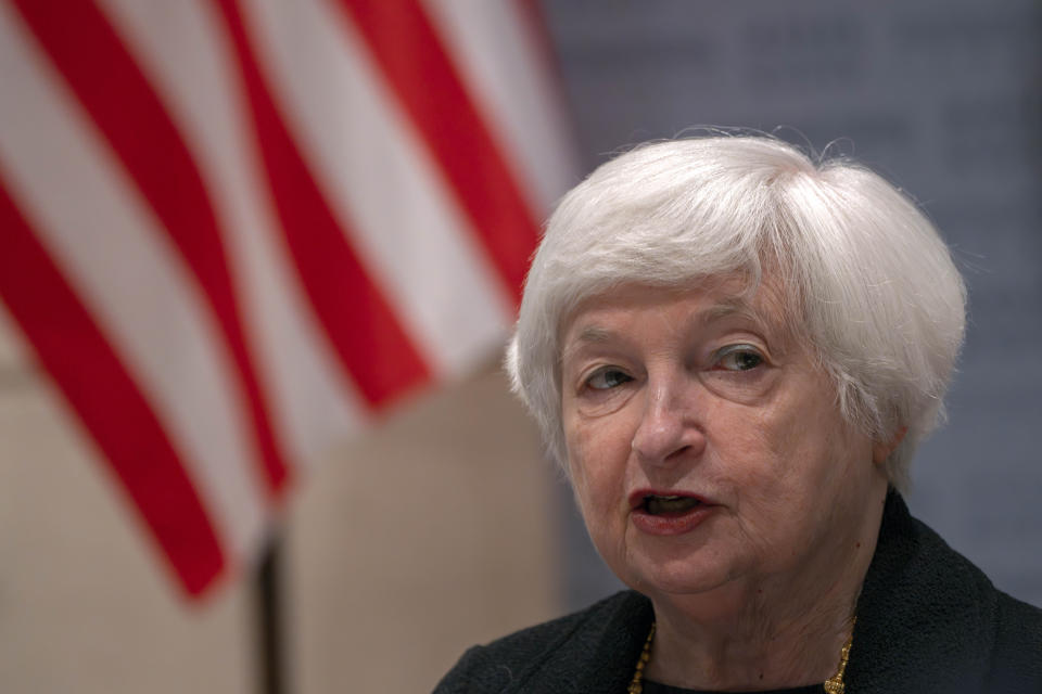 U.S. Treasury Secretary Janet Yellen speaks during a roundtable meeting with members of the American business community in Beijing, China, Friday, July 7, 2023. (AP Photo/Mark Schiefelbein, Pool)