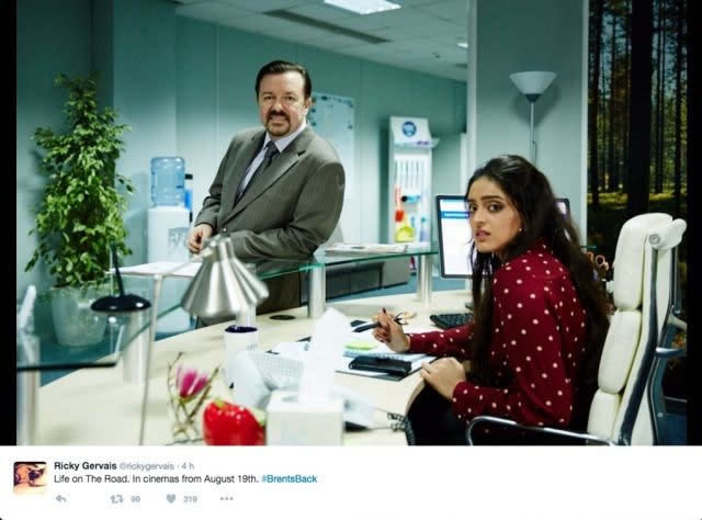 Ricky Gervais Twitter picture: Life on The Road. In cinemas from August 19th. #BrentsBack screenshot