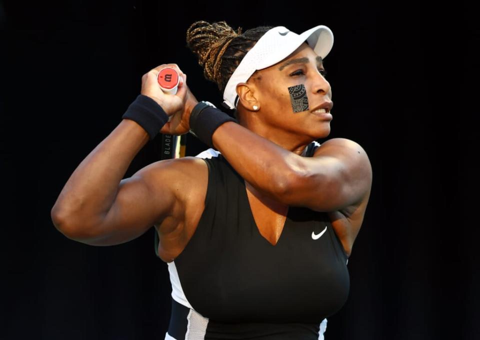 Serena Williams of the United States hits a shot against Belinda Bencic of Switzerland during the National Bank Open, part of the Hologic WTA Tour, at Sobeys Stadium on August 10, 2022 in Toronto, Ontario, Canada. (Photo by Vaughn Ridley/Getty Images)