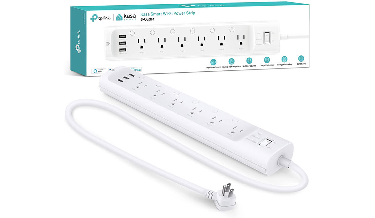 A white power strip with six outlets