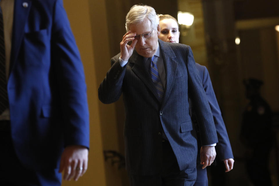 Senate Majority Leader Mitch McConnell (R-Ky.) walks to the Senate chamber before the start of the impeachment trial of President Donald Trump at the Capitol, Jan. 31, 2020. (Photo: Steve Helber/ASSOCIATED PRESS)