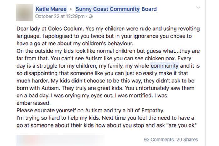 Katie Maree took to Facebook to share her frustrations after a woman commented on her parenting at Coles. Photo: Facebook.