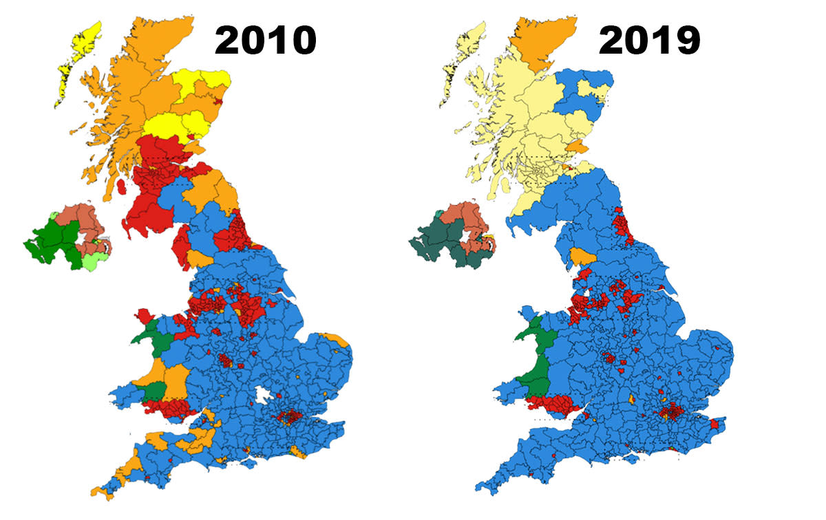 Constituency maps. (2019 map Brythones, recoloured by Ezzatam - Wikipedia. 2010 map - unknown). Licensing: https://creativecommons.org/licenses/by-sa/4.0/deed.en