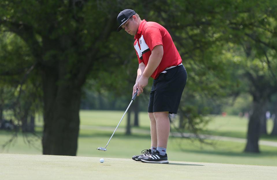 ADM's Lincoln Banwart putts the ball onto the 18th hole in the class 3A boys' state golf championship at Veenker Golf Course Tuesday, May 23, 2023, in Ames, Iowa.