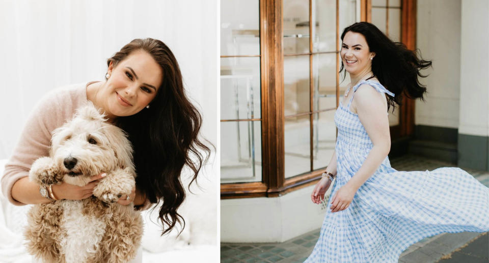 Victoria Devine with a dog (left) and by herself (right)