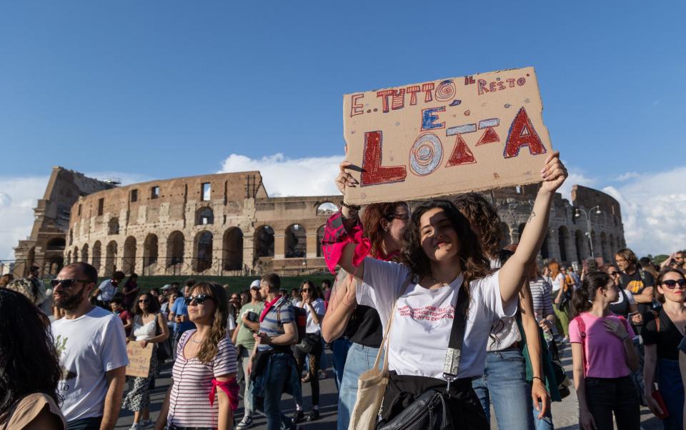 Pro-abortion protesters demonstrate in the Colosseum in Rome