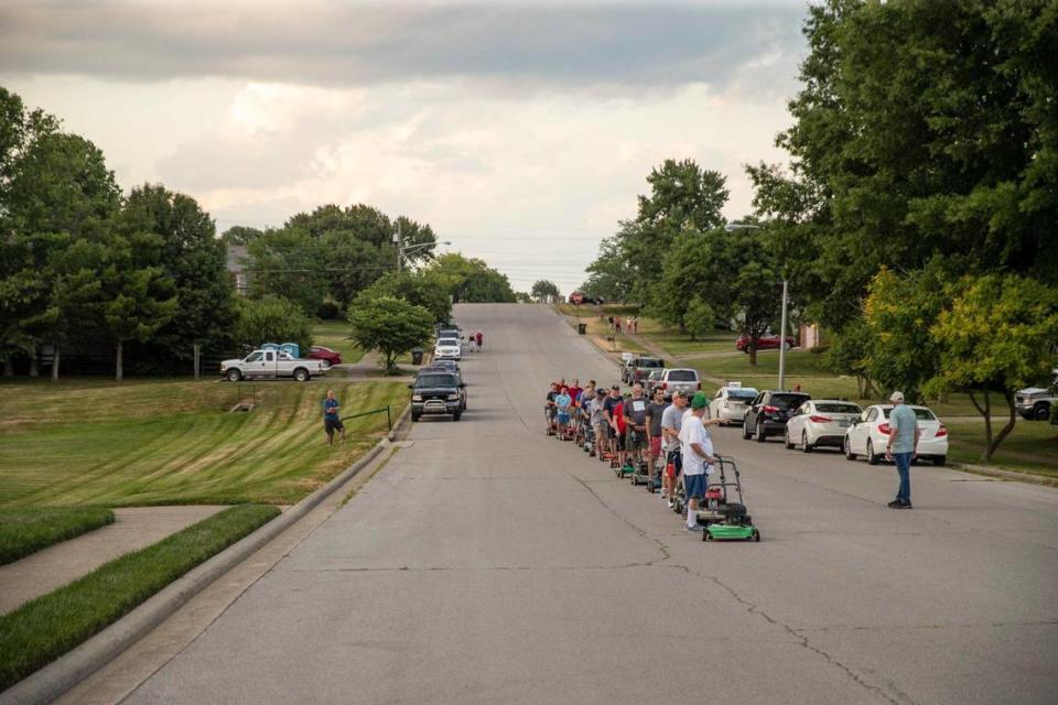 Members of the Wilmore Lawnmower Brigade begin a practice session in Wilmore, Ky., on Thursday, June 30, 2022.