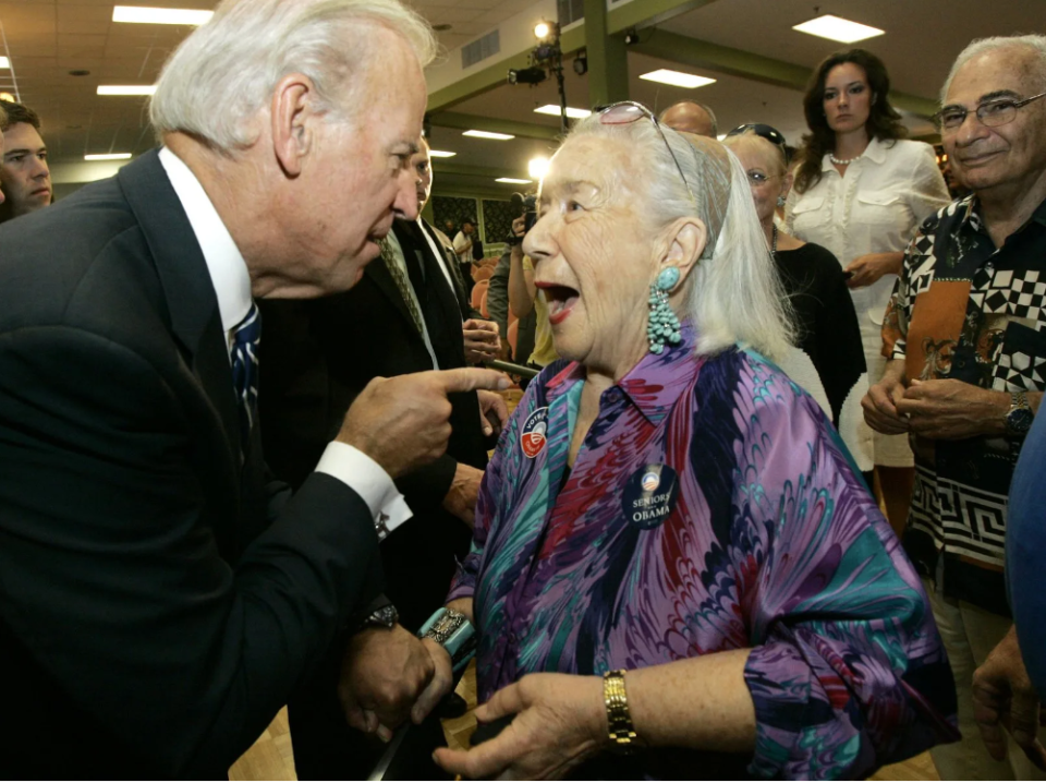 Sen. Joe Biden chats with Annalou Trebitz, 87, after a town hall meeting at Century Village in Deerfield Beach, Fla., on , Sept. 2, 2008. (AP/Wilfredo Lee)