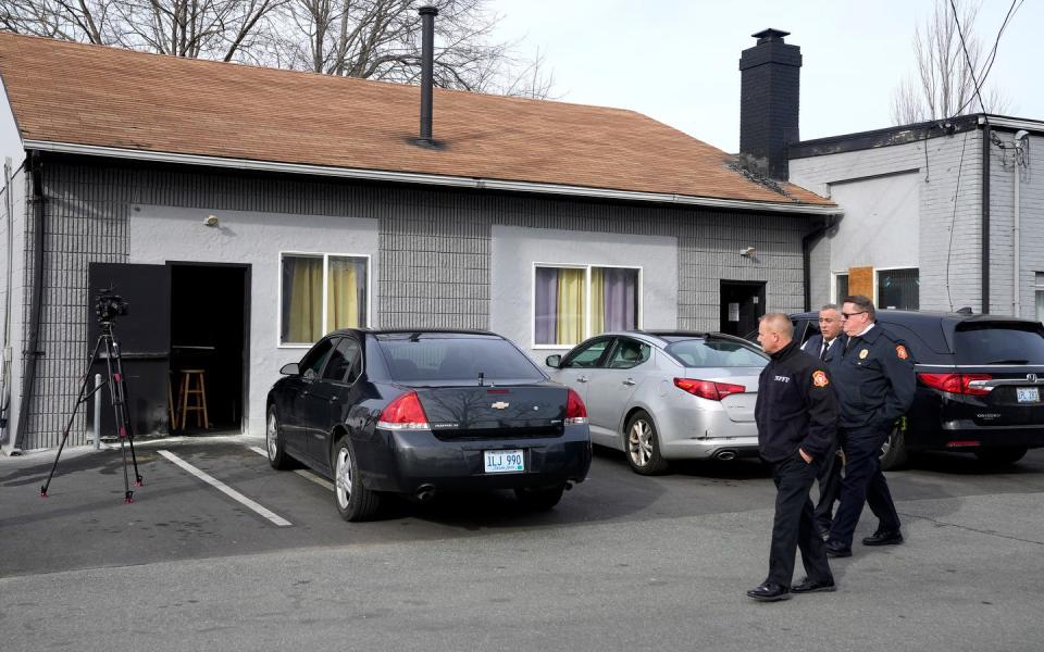 North Providence Fire Department officials on the scene of an arson investigation Monday at Shiloh Gospel Temple. From left, Capt. Marc Rizzo, Assistant Fire Marshal Paul Silvestri and Assistant Fire Chief John Horan.