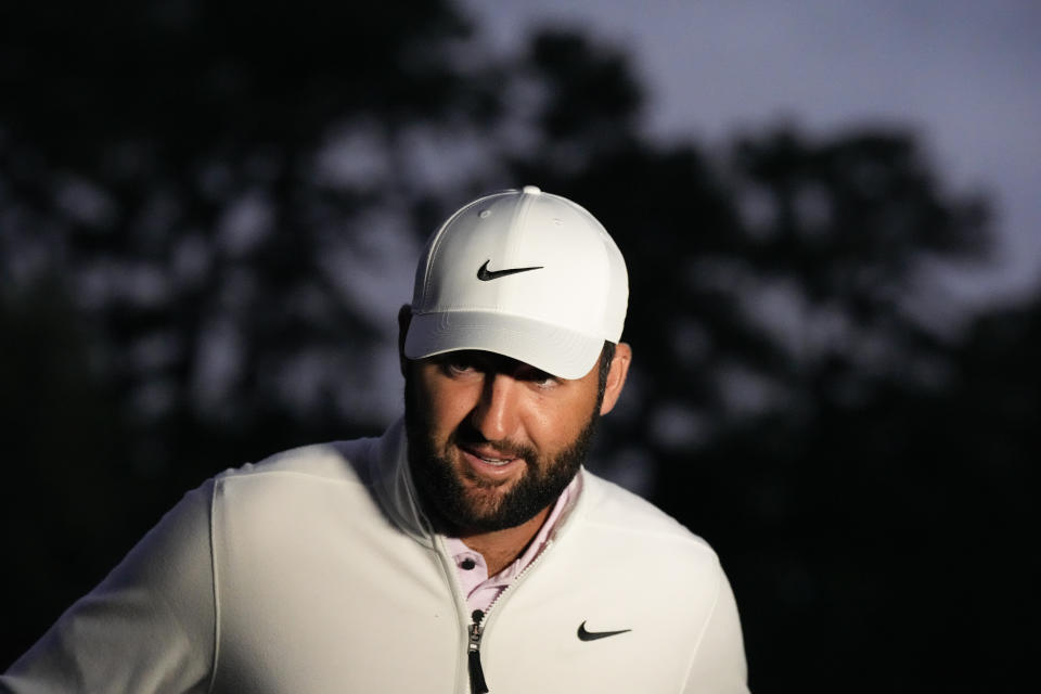 Scottie Scheffler speaks to the media after the final round of the RBC Heritage golf tournament was weather delayed, Sunday, April 21, 2024, in Hilton Head Island, S.C. (AP Photo/Chris Carlson)