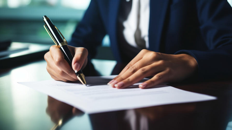 A businesswoman signing a document, symbolizing the stability and trust of the company.