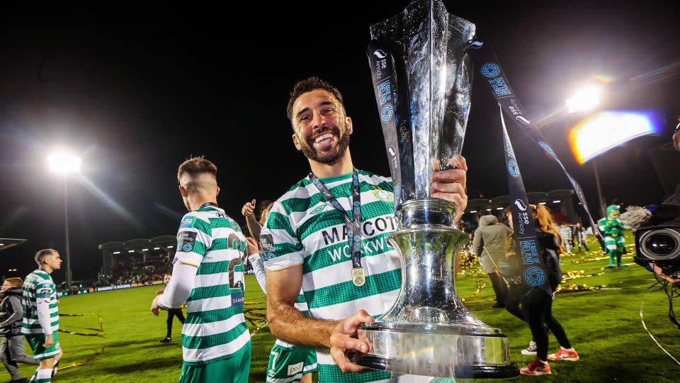 Lopes celebrates Shamrock Rovers' League of Ireland Premier Division title success in November 2023. - Ryan Byrne/INPHO/Shutterstock